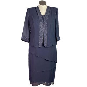 Maya Brooke Dress Jacket Set Women 16 Blue Tiered Sparkle 3/4 Sleeve Evening MOB